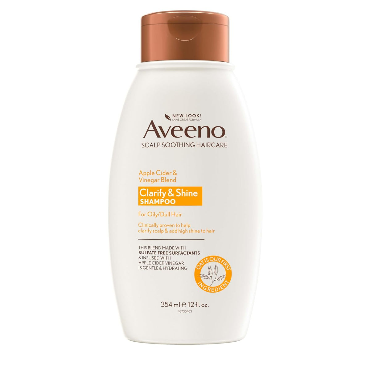Aveeno Clarify & Shine Scalp Soothing Shampoo bottle in white with a metallic copper cap, on a solid white background.