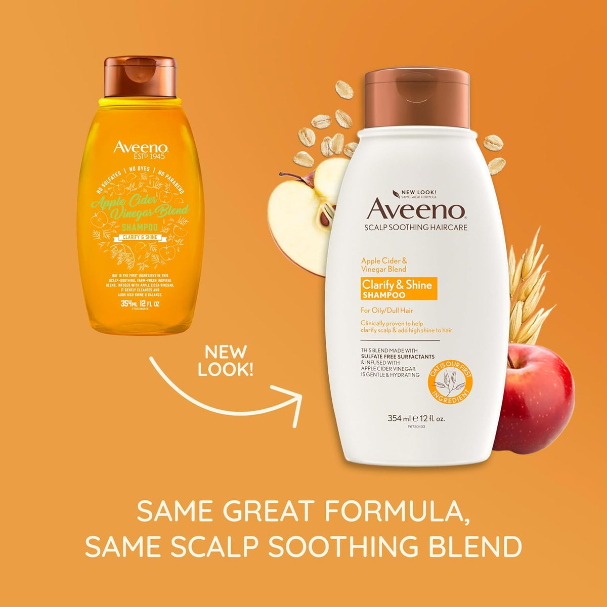Two Aveeno shampoo bottles on an orange background with text about the new look and same great formula.