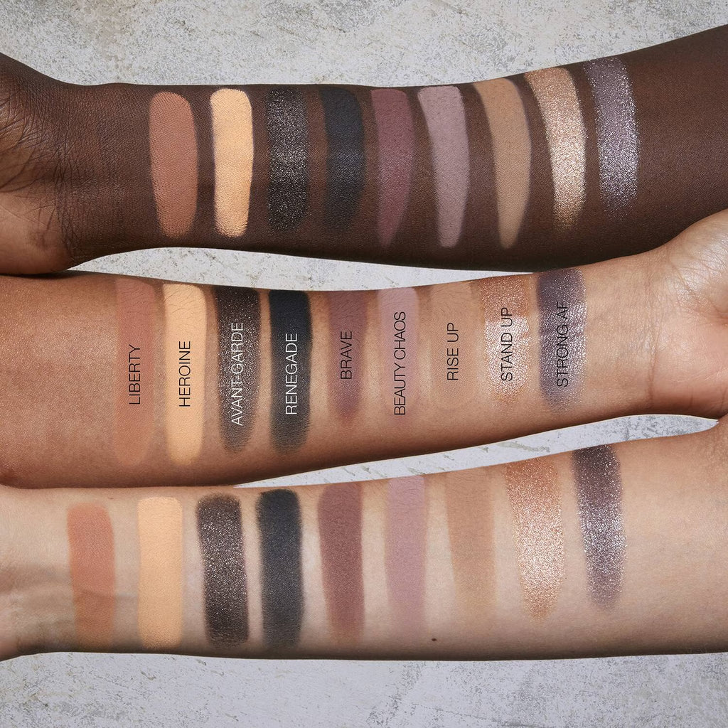 Makeup swatches on a person's arm with labeled colors.