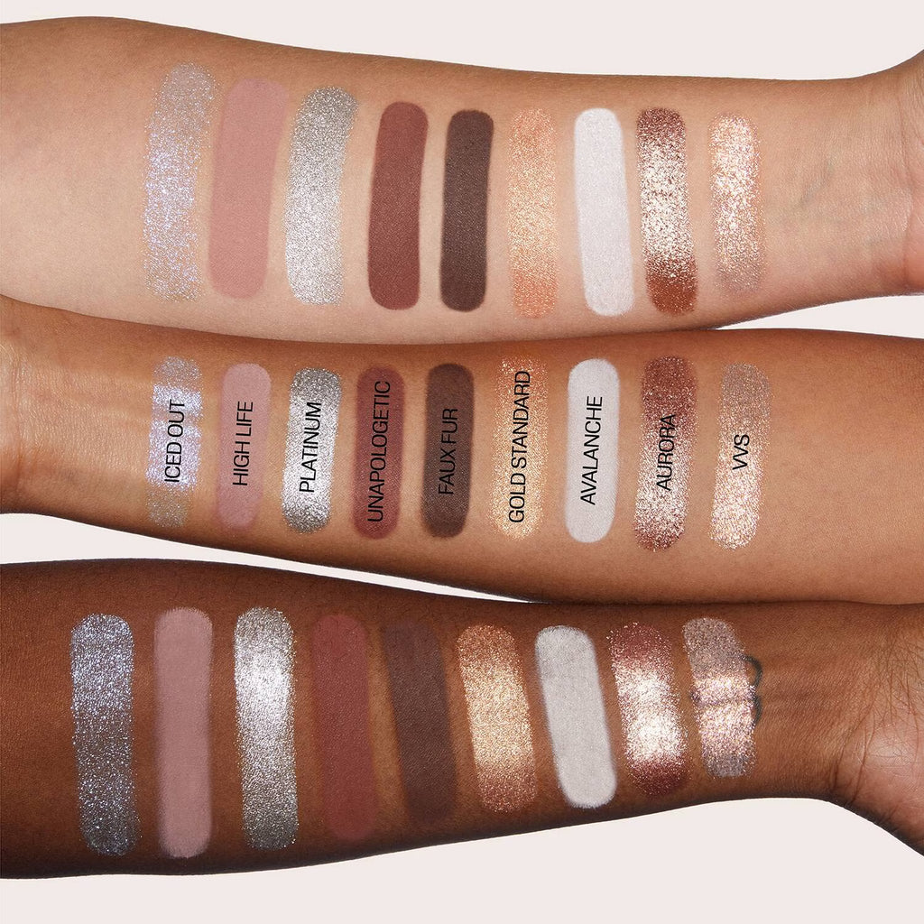 Makeup swatches on two arms with various shades and brand names.