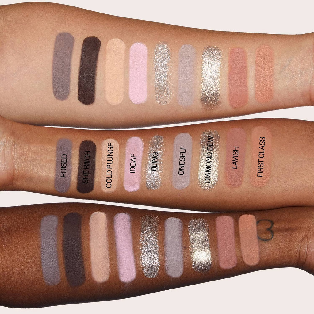 Makeup swatches on a person's arm with labeled colors