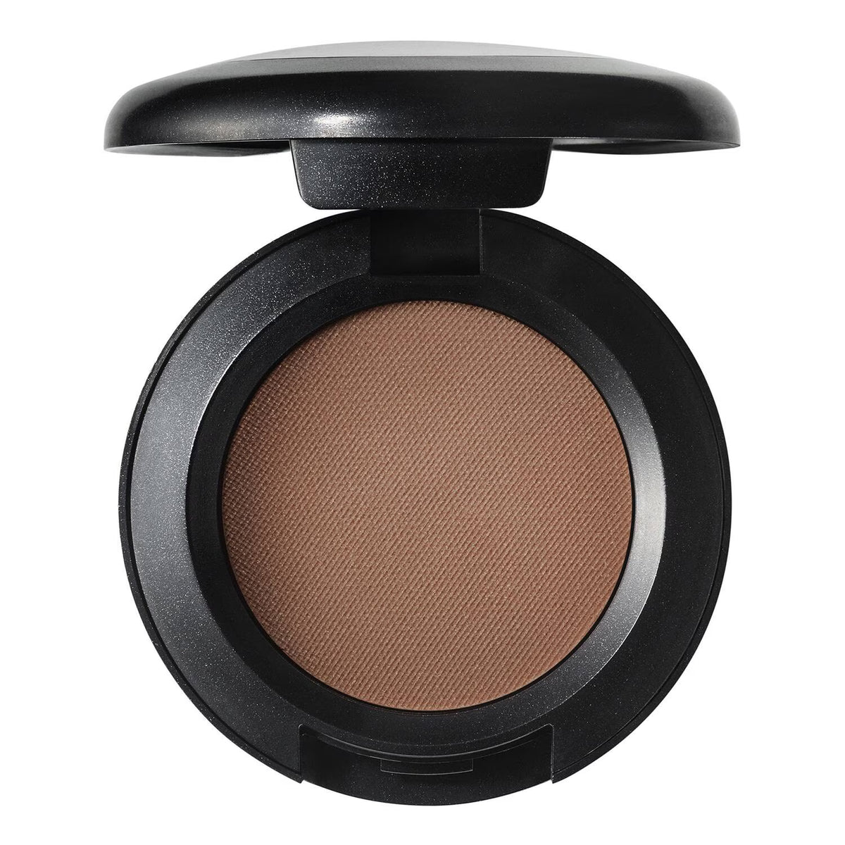An open round makeup compact with a black casing and a warm tan-brown pressed powder pan, shown on a plain white background.