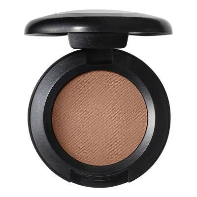 An open round makeup compact with a black casing and a warm tan-brown pressed powder pan, shown on a plain white background.