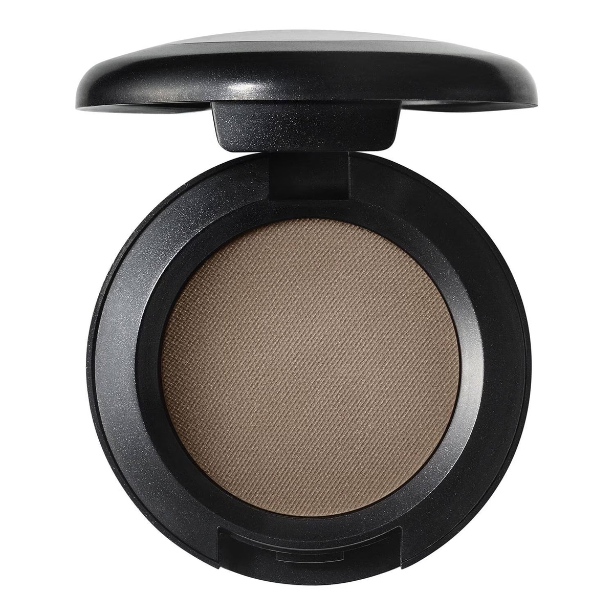 An open round makeup compact with a black casing and a textured, warm taupe-brown pressed powder in the center, shown on a plain white background.