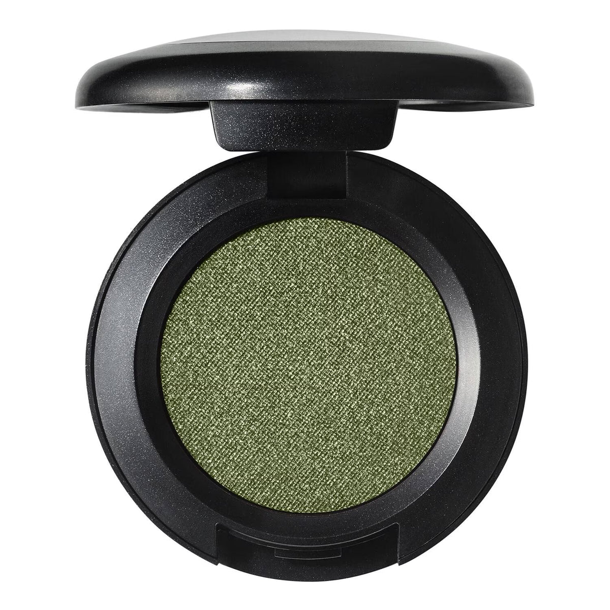An open round makeup compact showing a textured, shimmering olive green eyeshadow or pressed powder in a black case, isolated on a white background.
