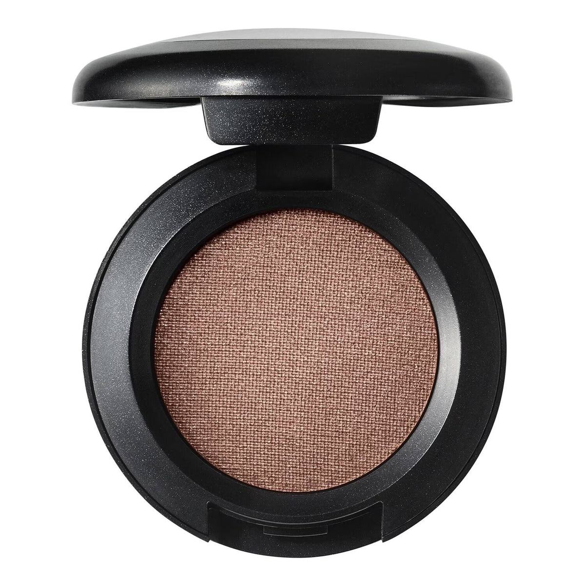 An open round makeup compact showing a single shimmering warm taupe-brown eyeshadow pan inside a black compact, isolated on a white background.