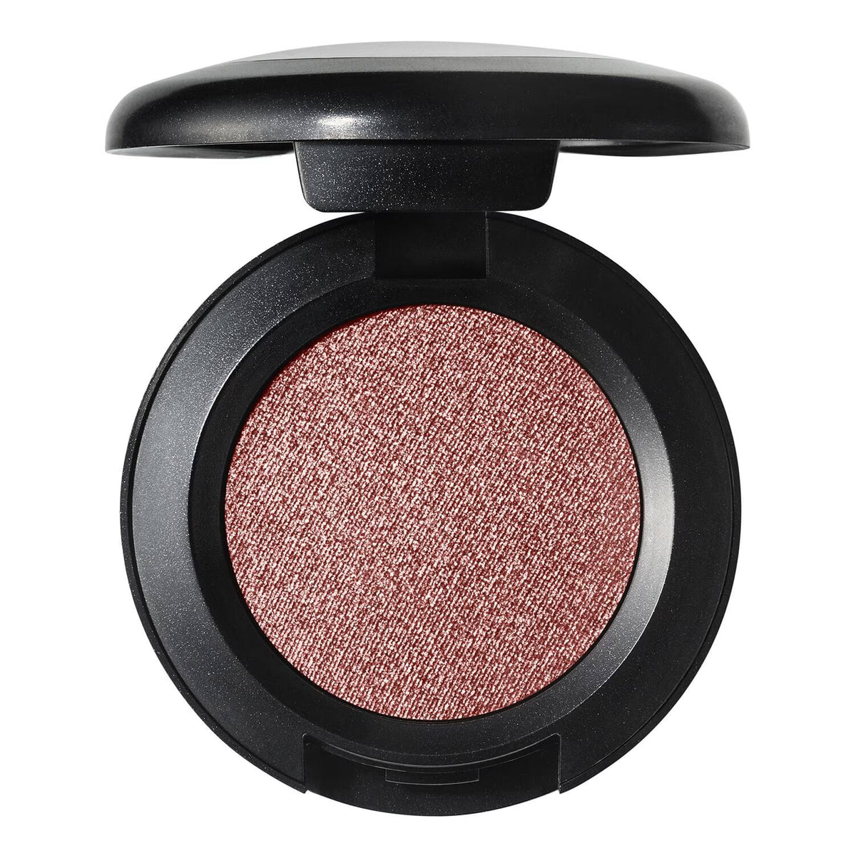 An open round makeup compact showing a single shimmering rose-gold eyeshadow pan, with a black compact case and matching lid on a plain white background.