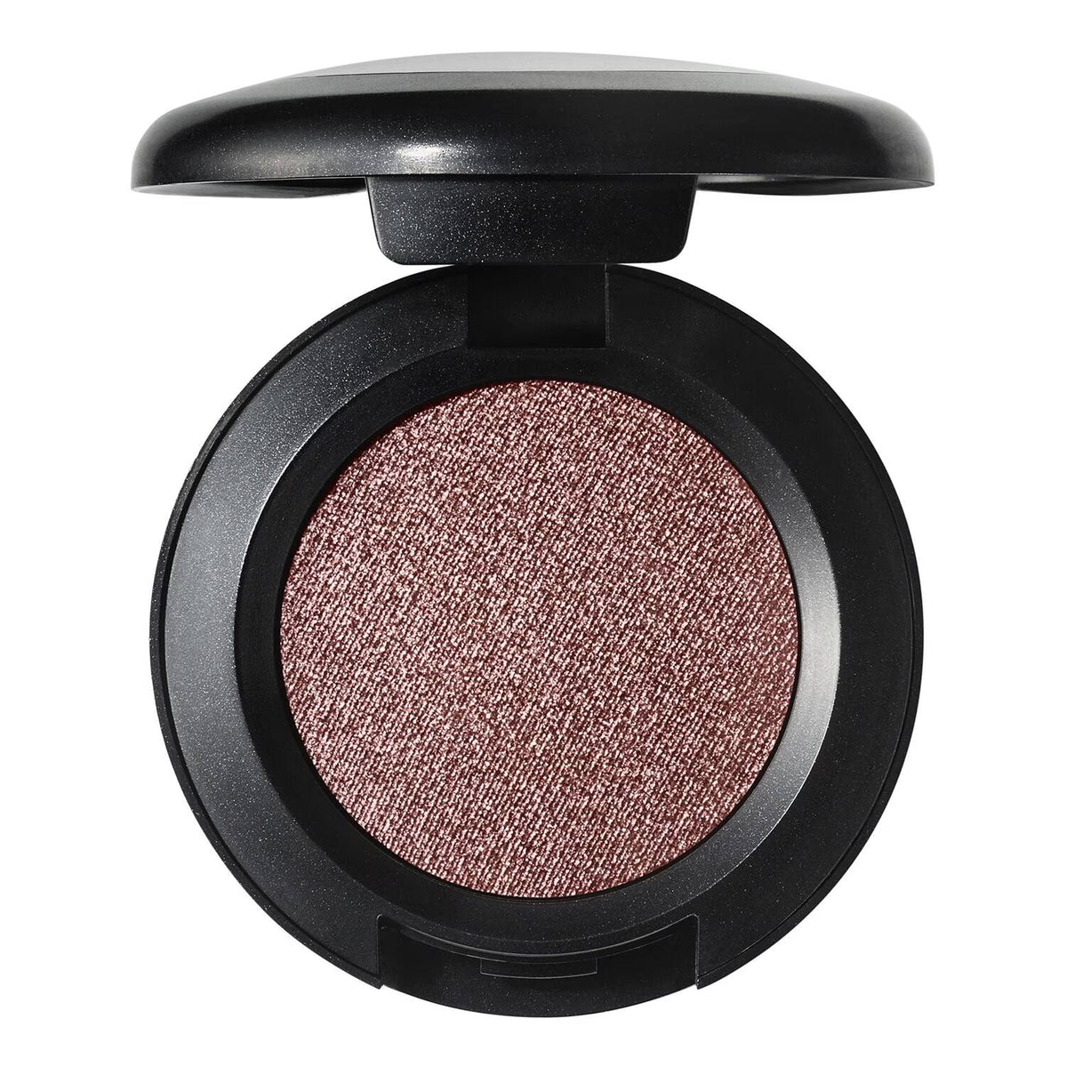 An open single-pan eyeshadow compact with a textured, shimmery rose gold-pink powder, set against a solid white background.