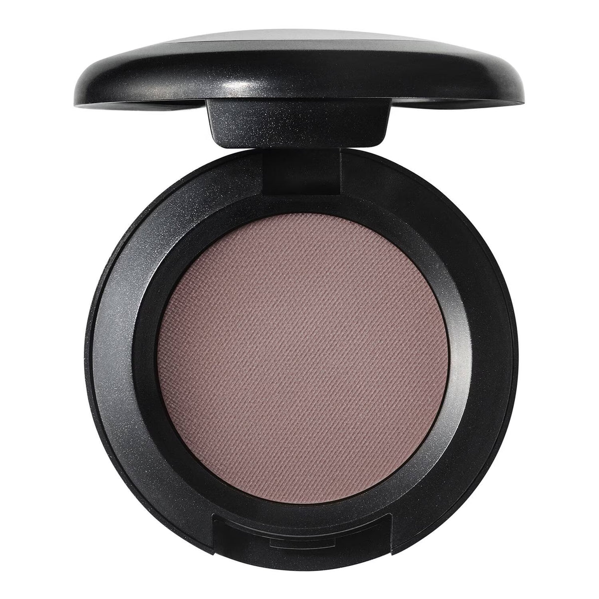 An open round makeup compact with a black casing and a warm tan-brown pressed powder pan, shown on a plain white background.