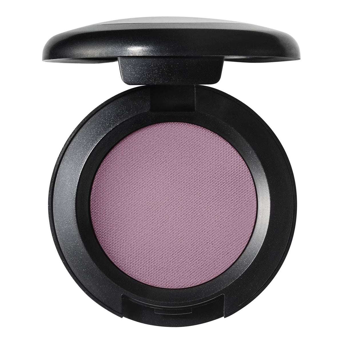 An open round makeup compact showing a single pressed powder in a dusty mauve-purple shade, housed in a black compact against a plain white background.