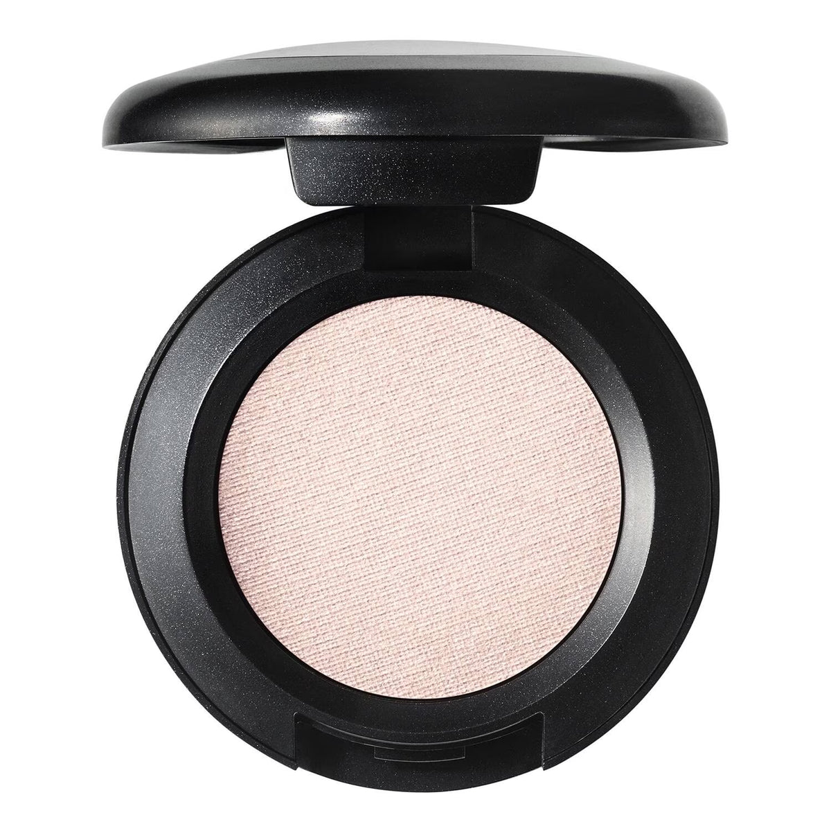 An open round makeup compact with a black casing and a light pink pressed powder pan, shown on a plain white background.
