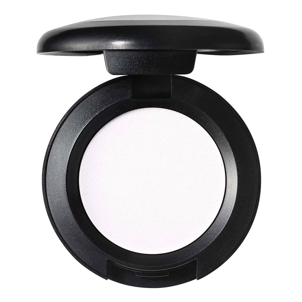 An open round makeup compact with a black plastic case and a white pressed powder pan, shown against a plain white background.