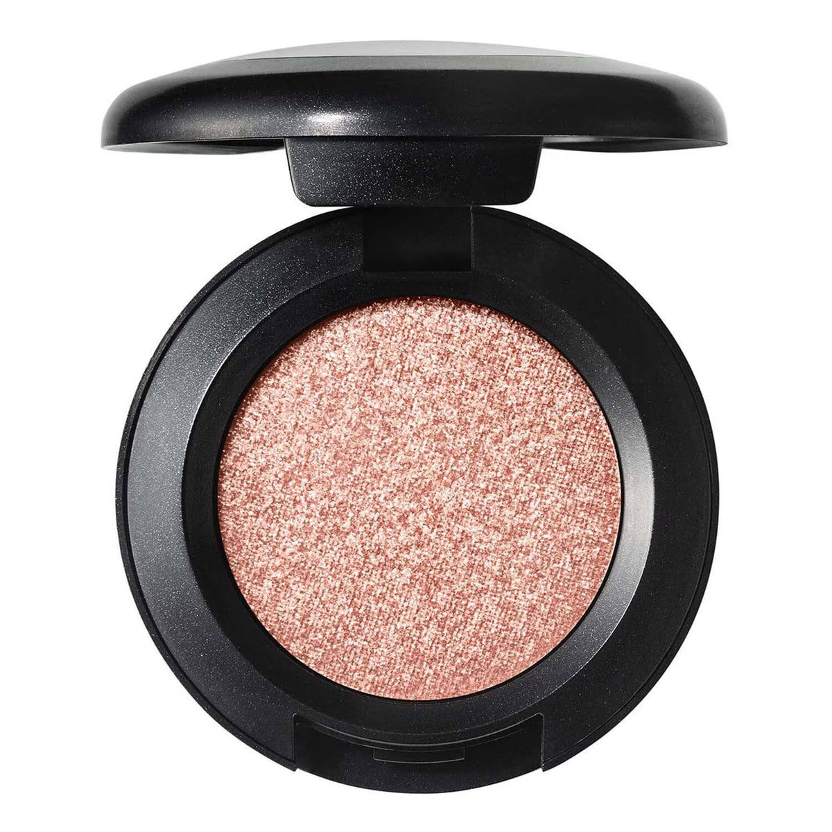 A single-pan eyeshadow compact with a black casing, shown open with the lid propped behind the pan. The eyeshadow itself is a sparkling, shimmering rose gold color, photographed against a solid white background.
