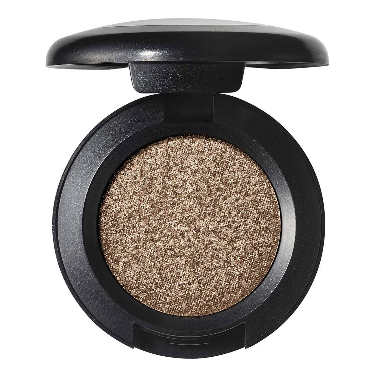 A single-pan eyeshadow compact shown open against a solid white background. The compact is matte black and contains a shimmering, warm metallic taupe-brown eyeshadow.