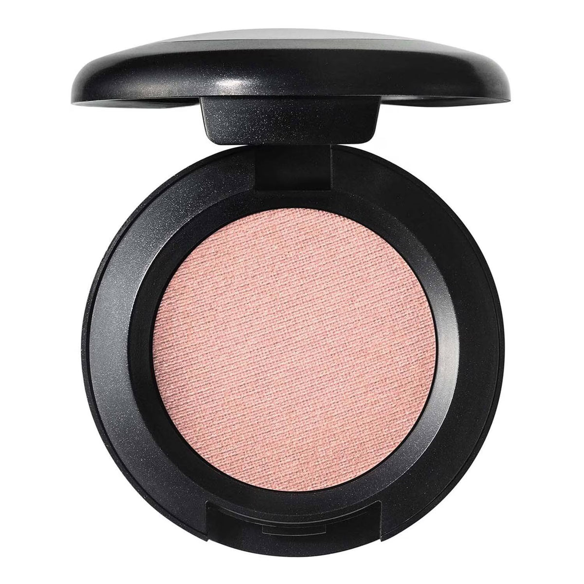 An open round makeup compact with a black casing and a textured, shimmering light pink blush or eyeshadow pan, shown against a plain white background.