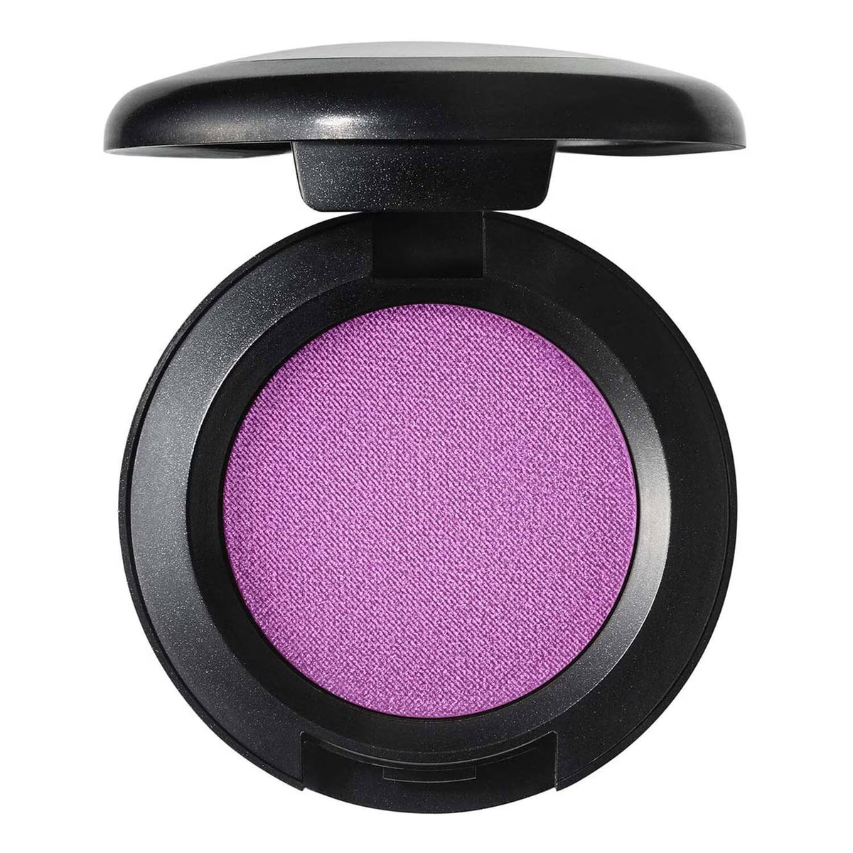 An open round makeup compact with a black casing and a textured purple-pink pressed powder pan, shown on a plain white background.