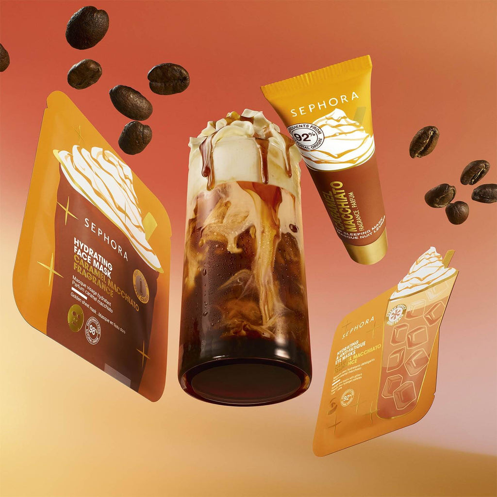 Sephora coffee-themed products including a jar, packets, and cream on an orange background with coffee beans.