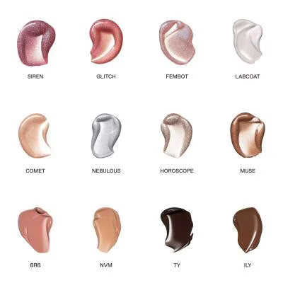 A grid of 12 cosmetic swatches labeled SIREN, GLITCH, FEMBOT, LABCOAT, COMET, NEBULOUS, HOROSCOPE, MUSE, BRB, NVM, TY, and ILY on a white background.