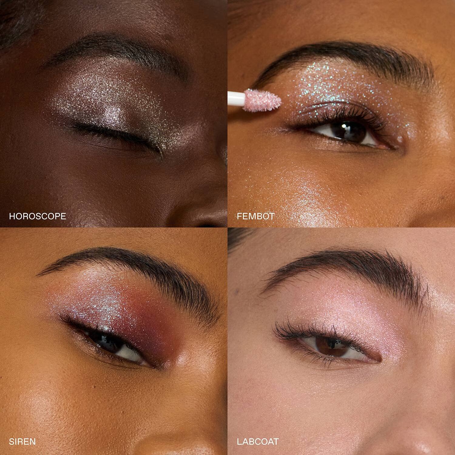Four-panel close-up makeup swatch collage showing eyeshadow colors on different skin tones. The top-left panel labeled HOROSCOPE shows a shimmery silver shadow; the top-right panel labeled FEMBOT shows a shimmery pink shadow with a wand applicator; the bottom-left panel labeled SIREN shows a shimmery mauve-brown shadow; the bottom-right panel labeled LABCOAT shows a shimmery pale pink shadow.