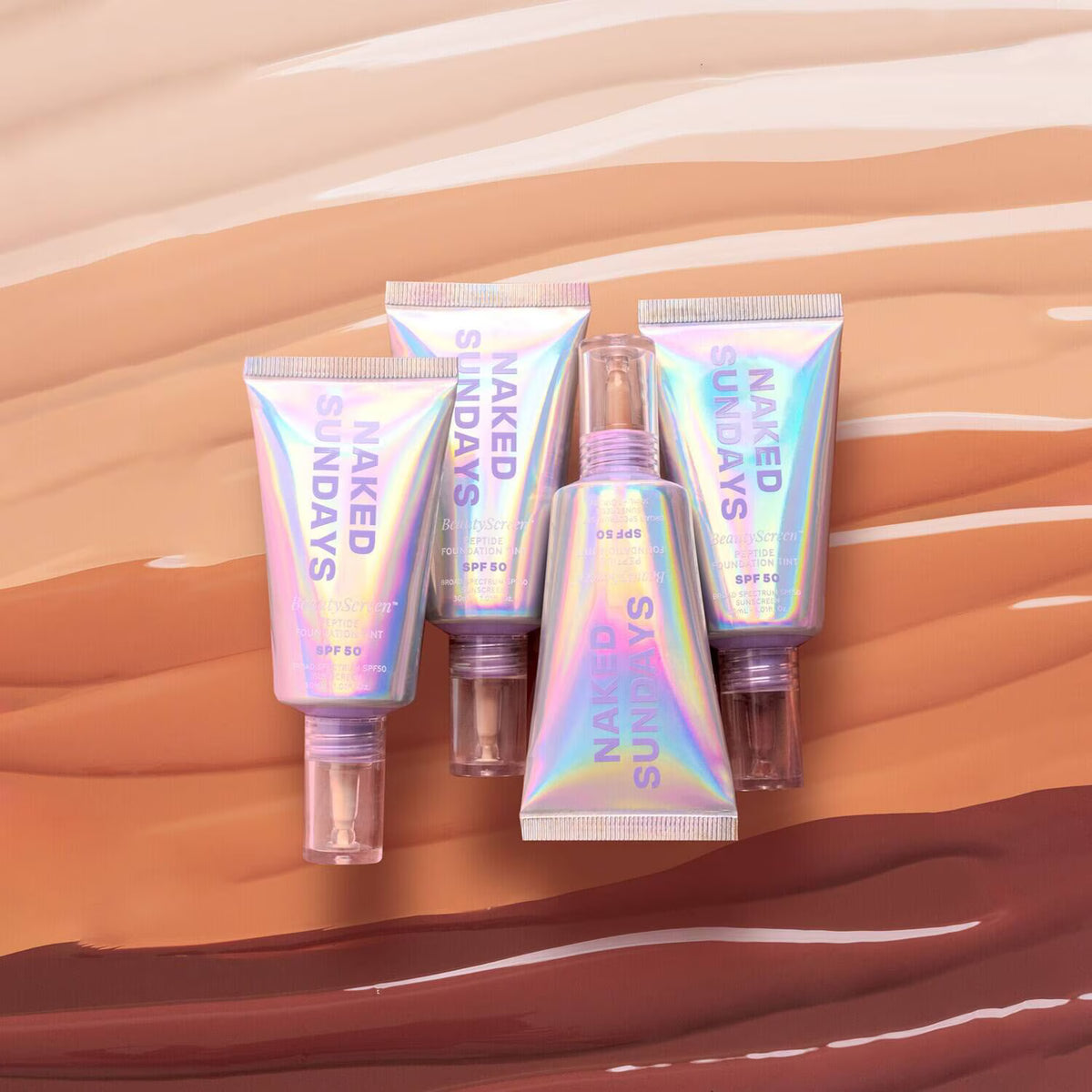 Naked Sundays skincare products on a brown and beige swatch background.