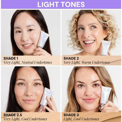 A four-panel shade guide titled 'LIGHT TONES' showing four women holding light-colored makeup tubes and labeled shades 1, 2, 2.5, and 3 with notes about light, neutral, cool, and warm undertones. 