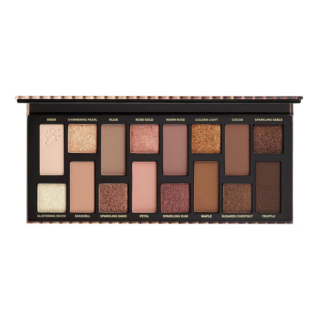 Makeup palette with various shades of eyeshadows on a white background
