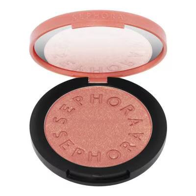 Sephora blush compact in a rose gold shimmer shade, shown open with the mirror on the lid against a white background.