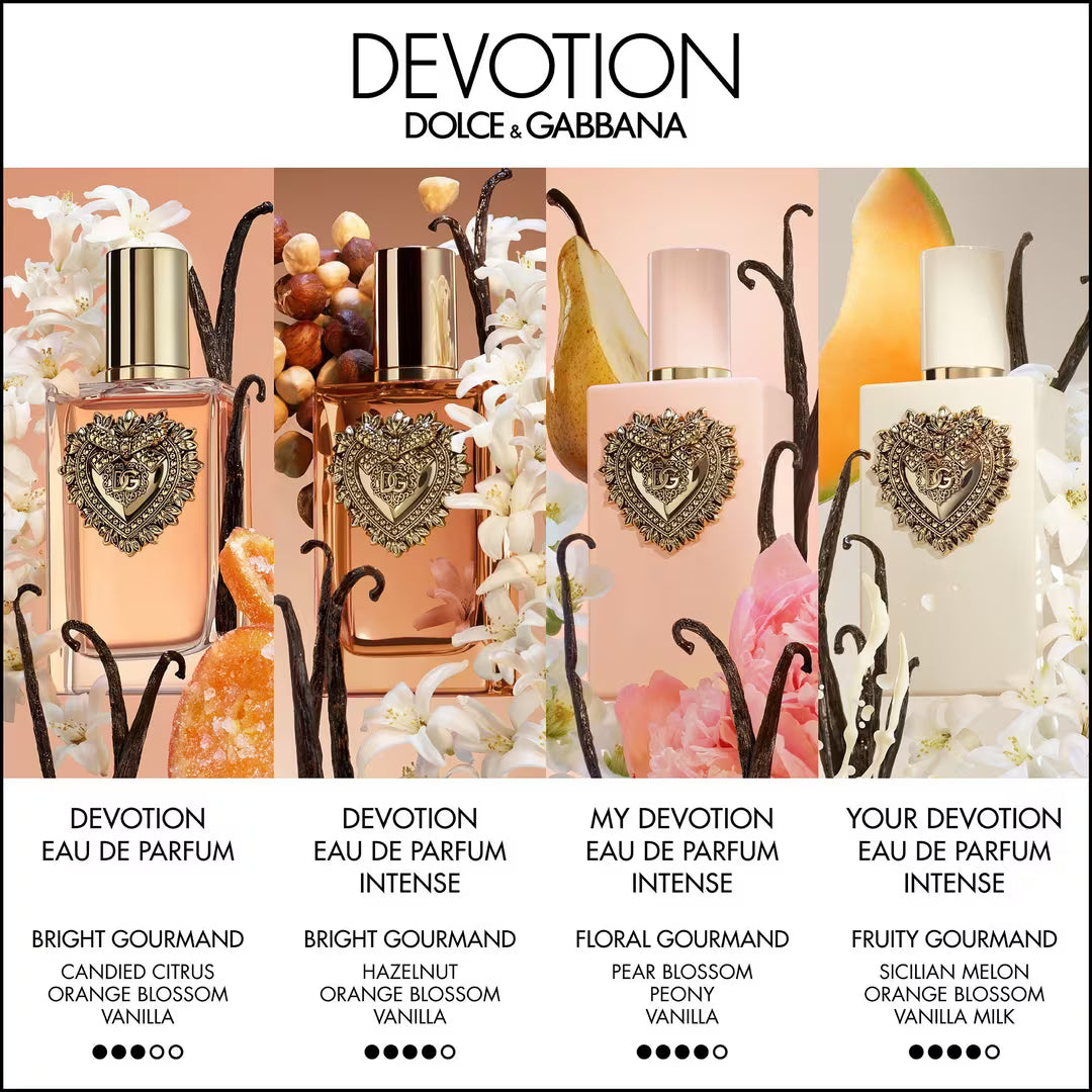 Promotional graphic for Dolce & Gabbana Devotion Eau de Parfum showing four fragrance bottles with decorative fruit, flowers, and vanilla elements, plus four scent profiles listed below.
