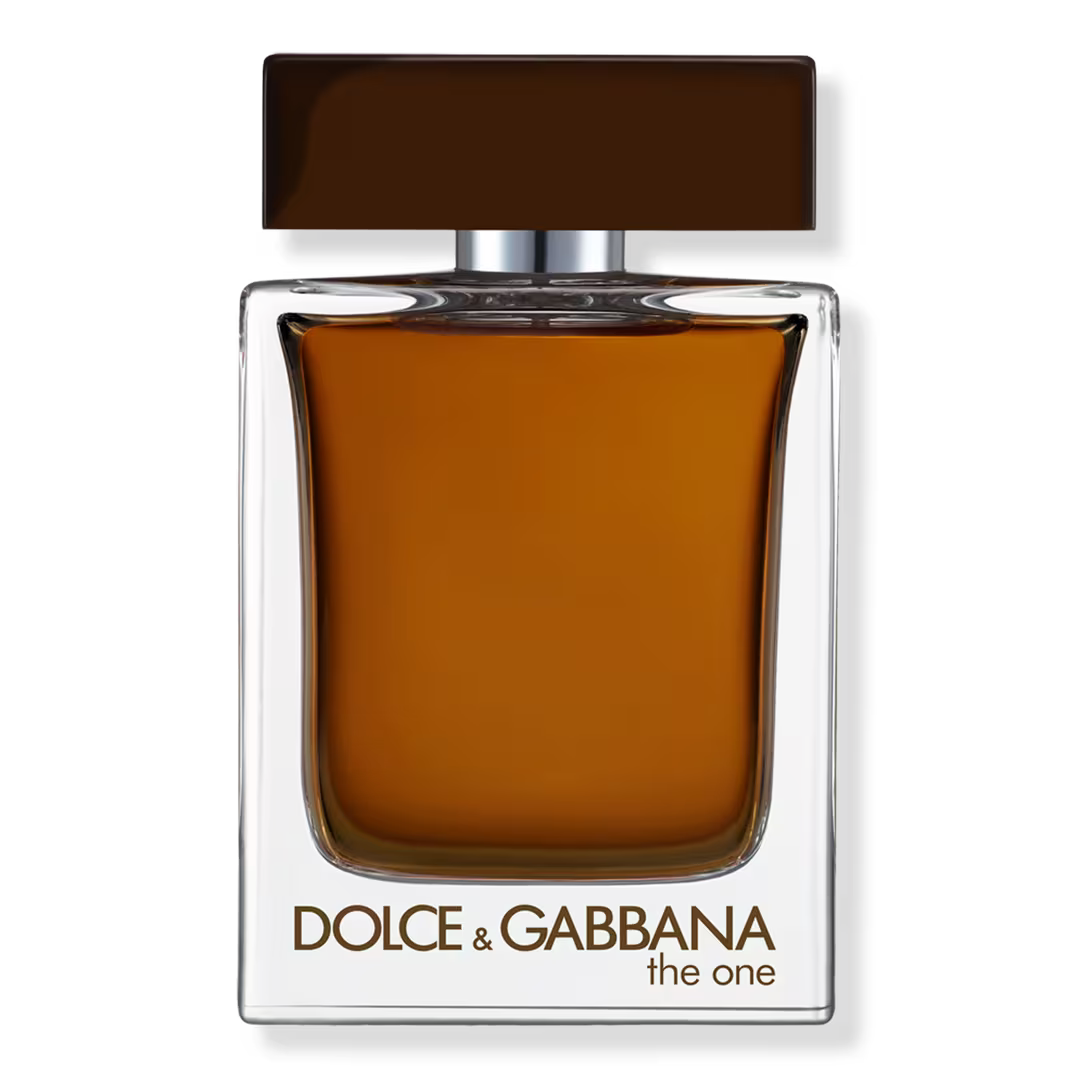 Dolce & Gabbana 'The One' perfume bottle with amber-brown liquid, a dark brown rectangular cap, and a clear glass body on a white background.