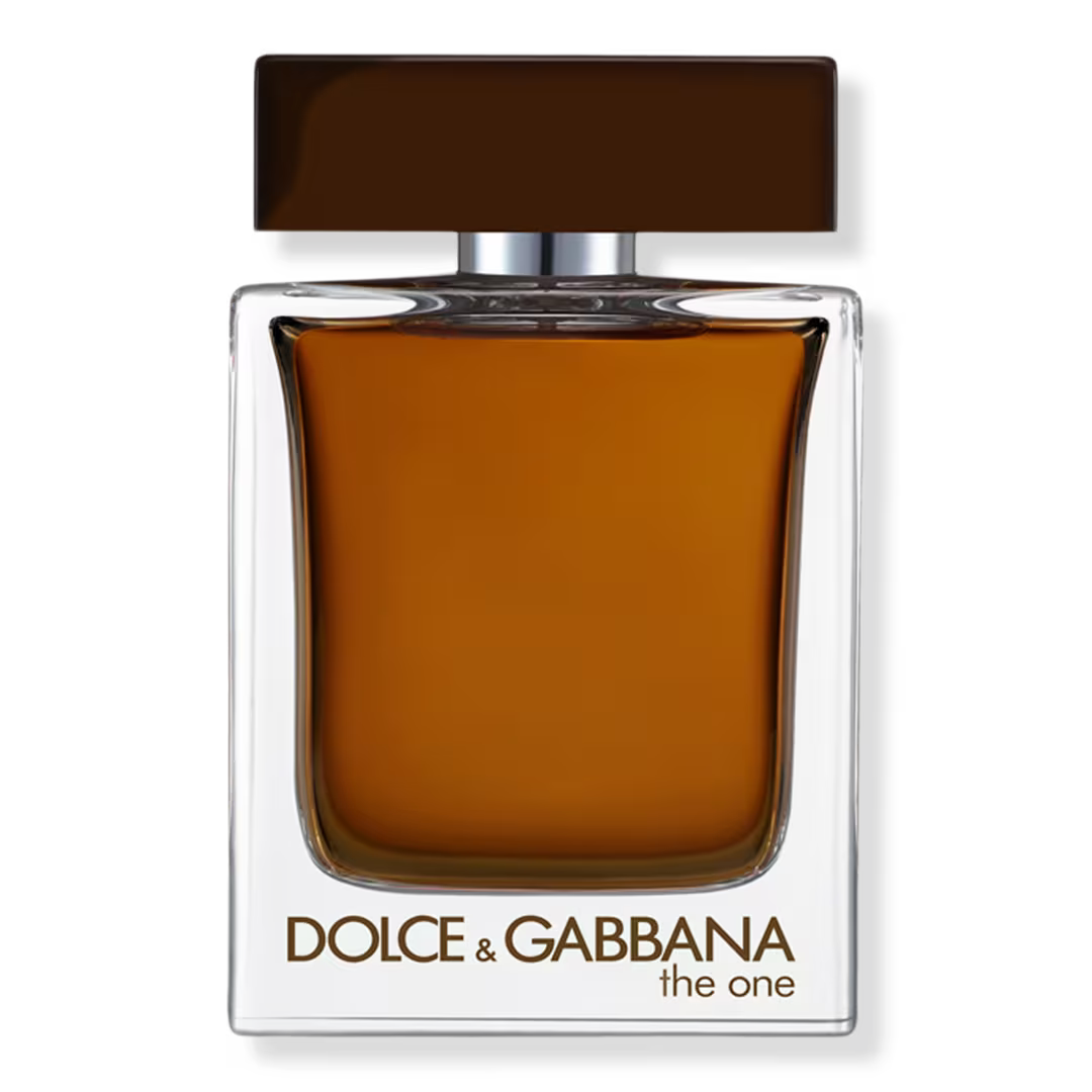 Dolce & Gabbana 'The One' perfume bottle with amber-brown liquid, a dark brown cap, and a clear glass body on a white background.