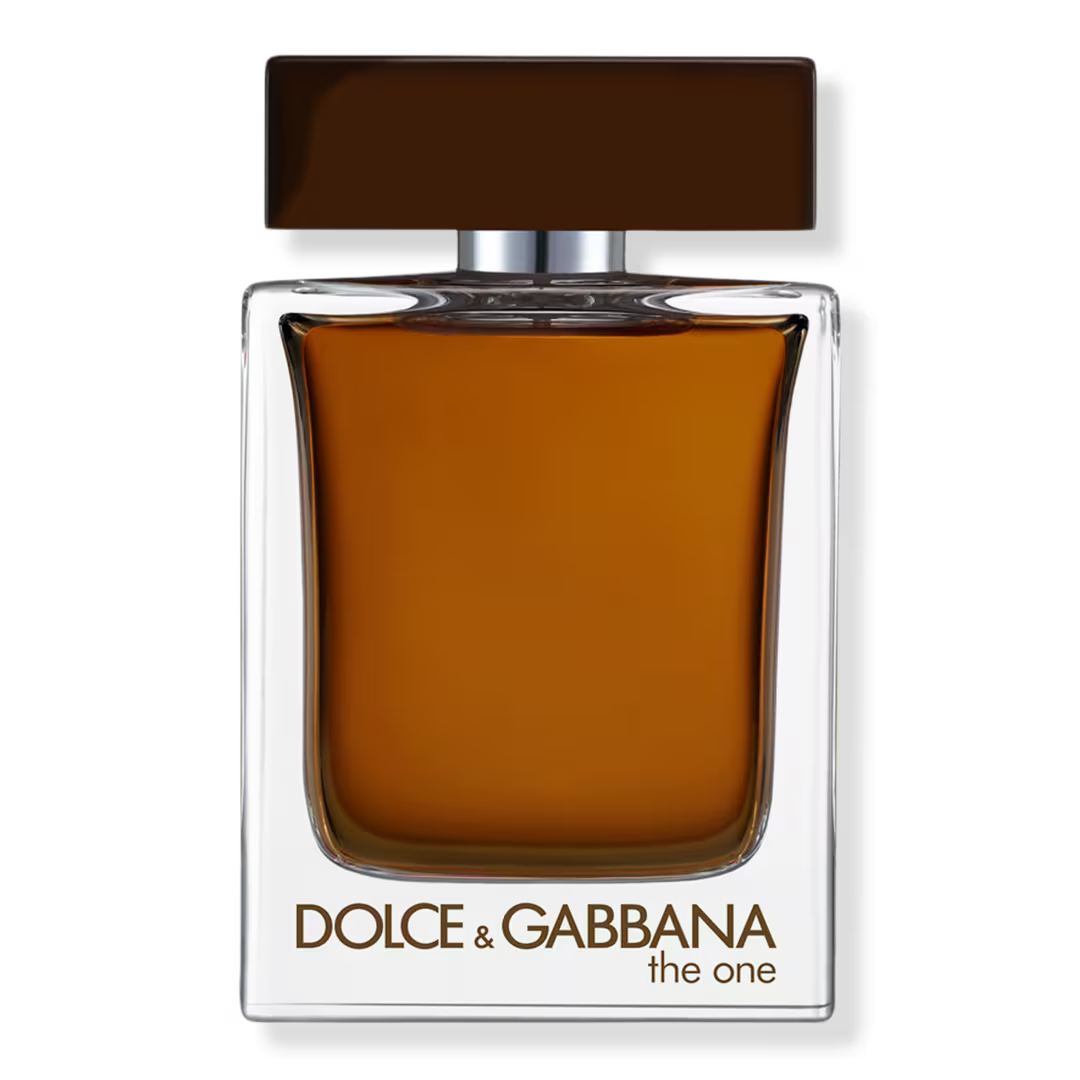 Dolce & Gabbana perfume bottle with brown cap and clear body on a white background