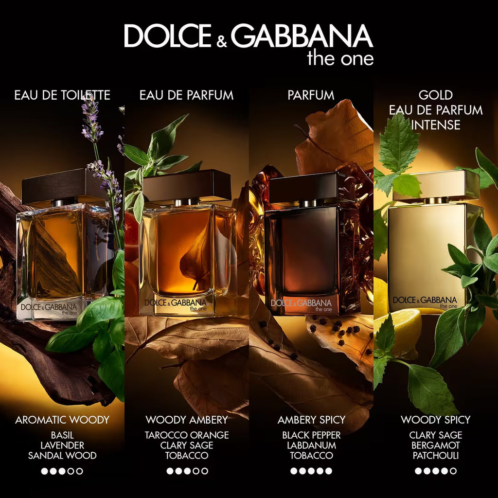 Dolce & Gabbana perfume bottles with different scents on a dark background