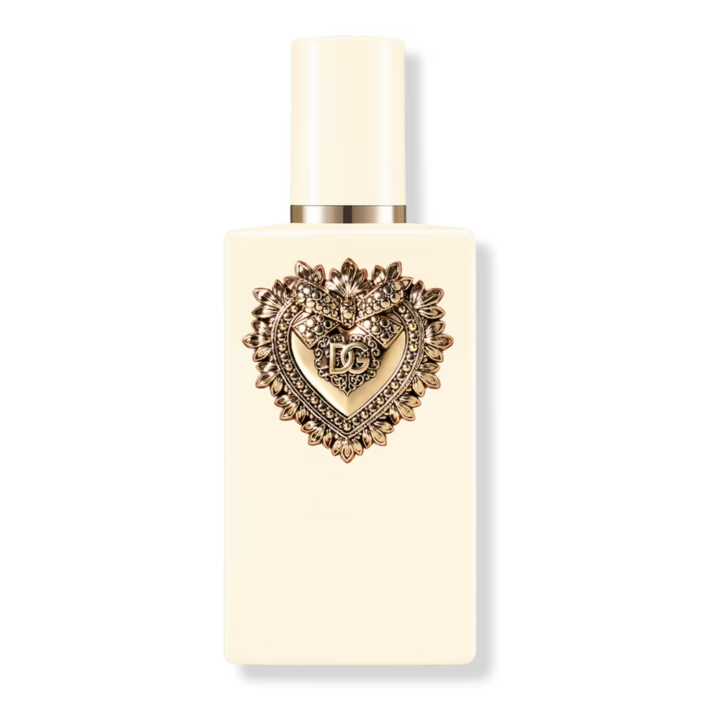 A rectangular cream-colored perfume bottle with a gold heart-shaped crest on the front, featuring the interlocking initials 'JD' in the center, set against a plain white background.