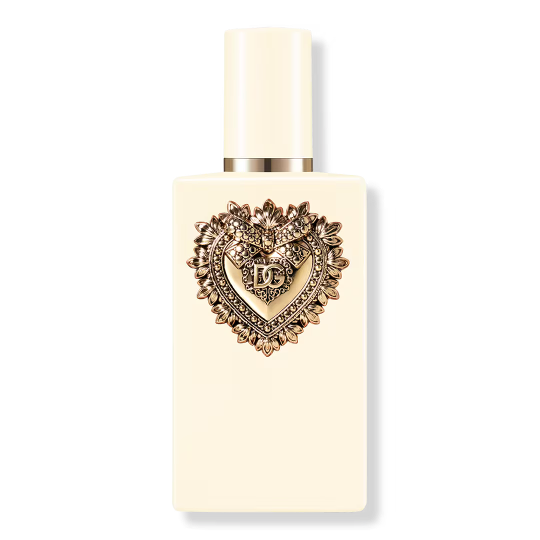 A rectangular cream-colored perfume bottle with a gold heart-shaped crest on the front, featuring the interlocking initials 'JD' in the center, set against a plain white background.