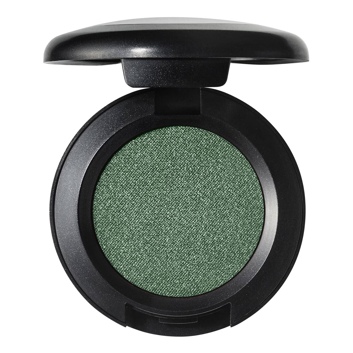 An open round makeup compact with a textured green eyeshadow pan visible inside a black case, shown on a plain white background.