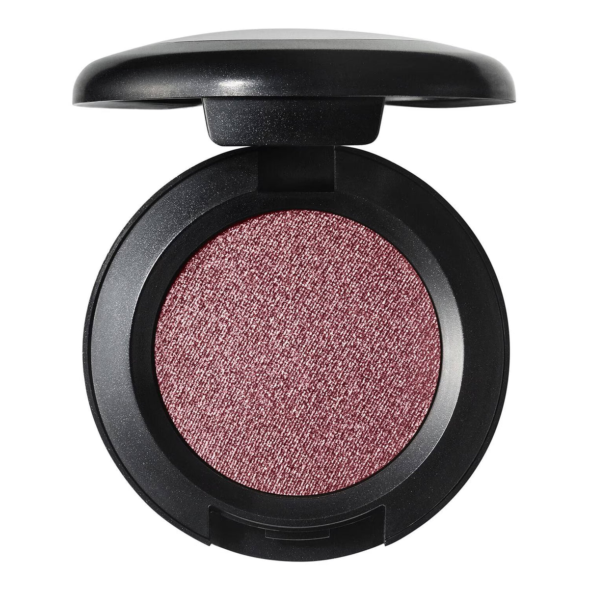 An open single-pan eyeshadow compact with a textured, shimmery rose gold-pink powder, set against a solid white background.