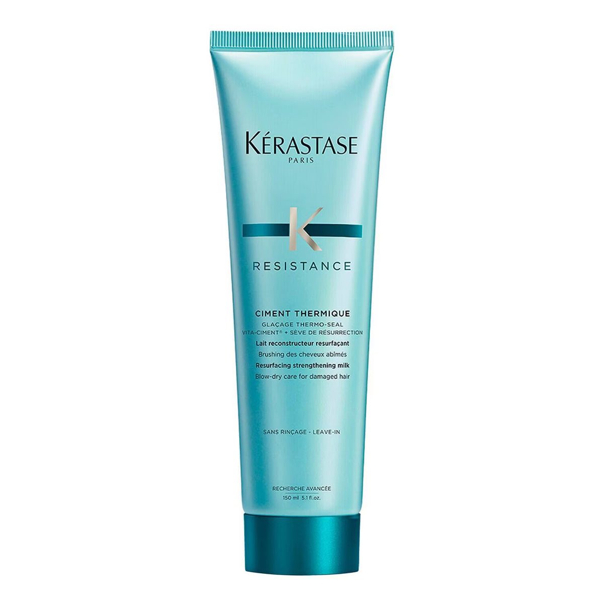 Kérastase Paris Resistance Ciment Thermique leave-in hair conditioner in a light blue squeeze tube with a dark teal cap, shown on a plain white background.