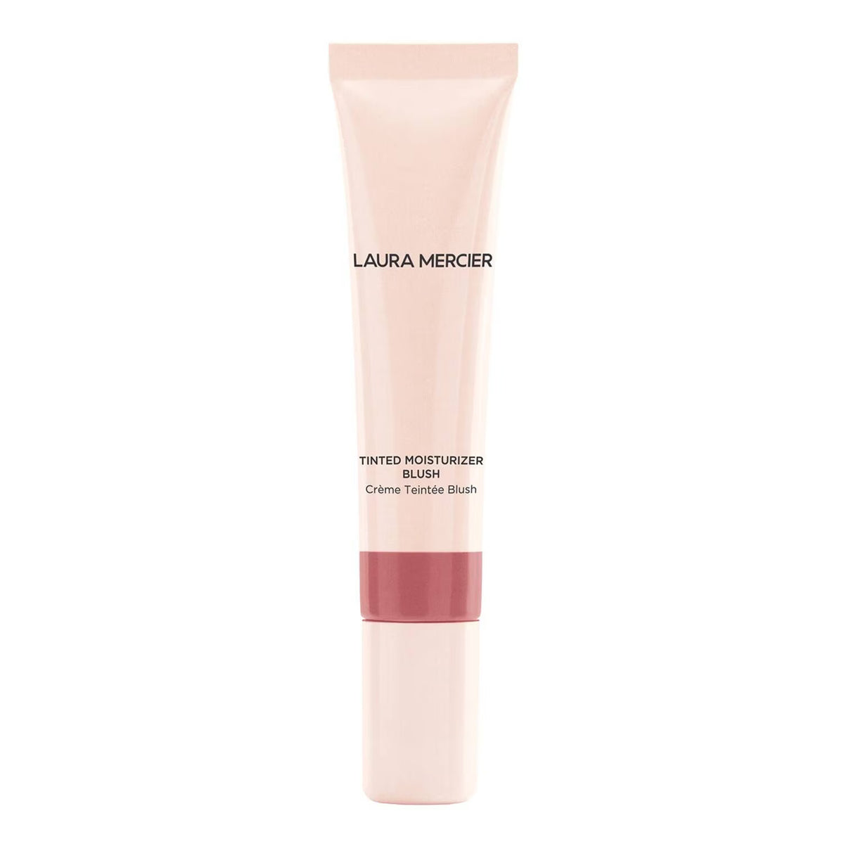 Laura Mercier Tinted Moisturizer Blush in a pale pink squeeze tube with a matching pink cap and a rose-pink band near the bottom, shown on a plain white background.