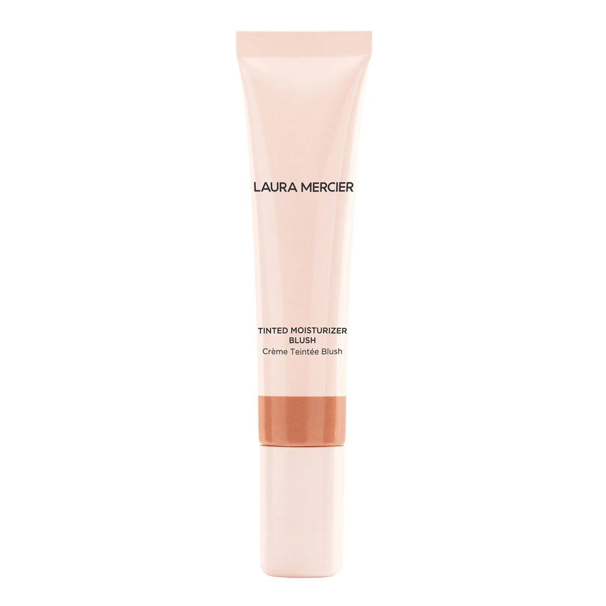 Laura Mercier Tinted Moisturizer Blush in a pale peach squeeze tube with a brownish-rose tinted band near the bottom, shown on a plain white background.