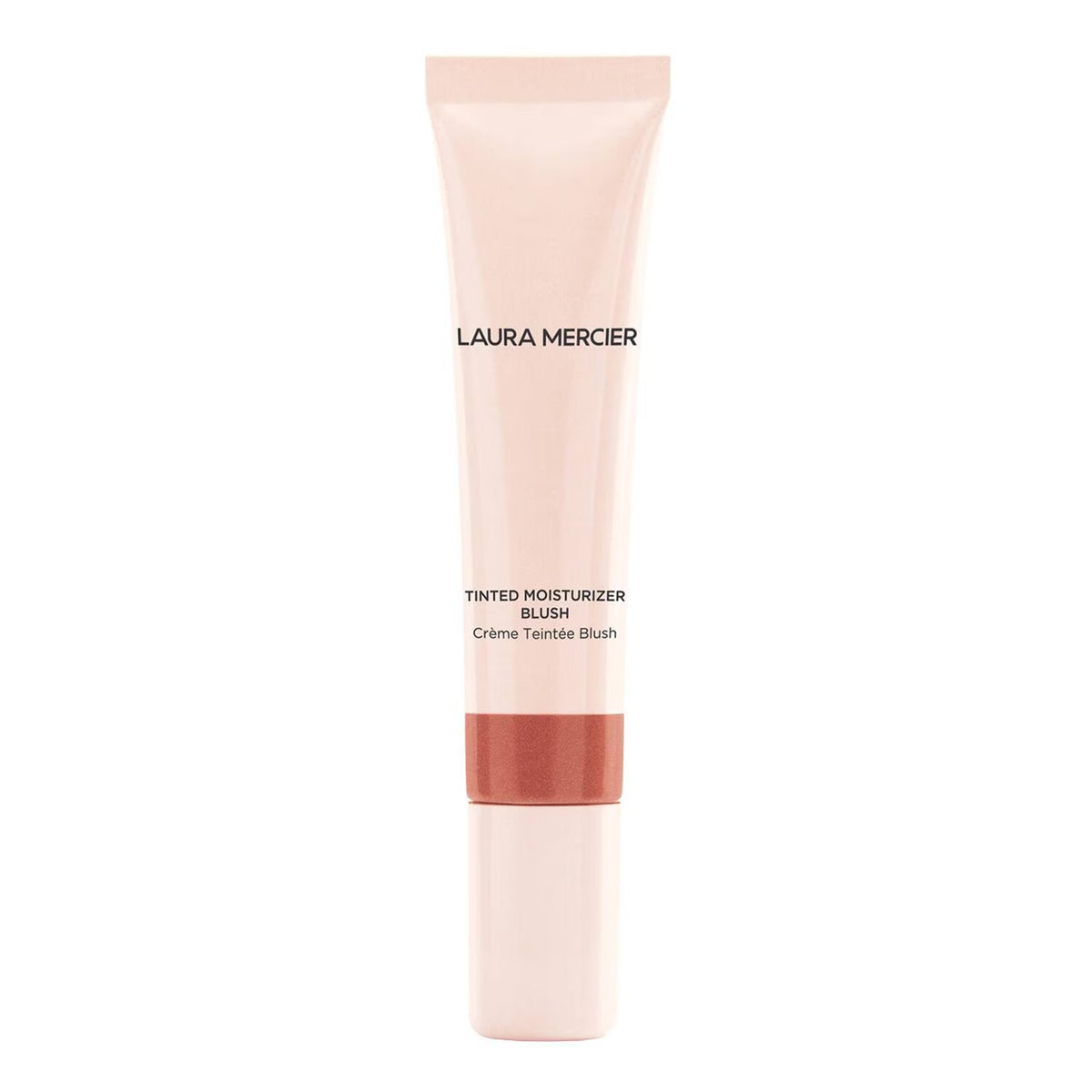 Laura Mercier Tinted Moisturizer Blush in a pale pink squeeze tube with a nude pink band showing the shade, on a white background.