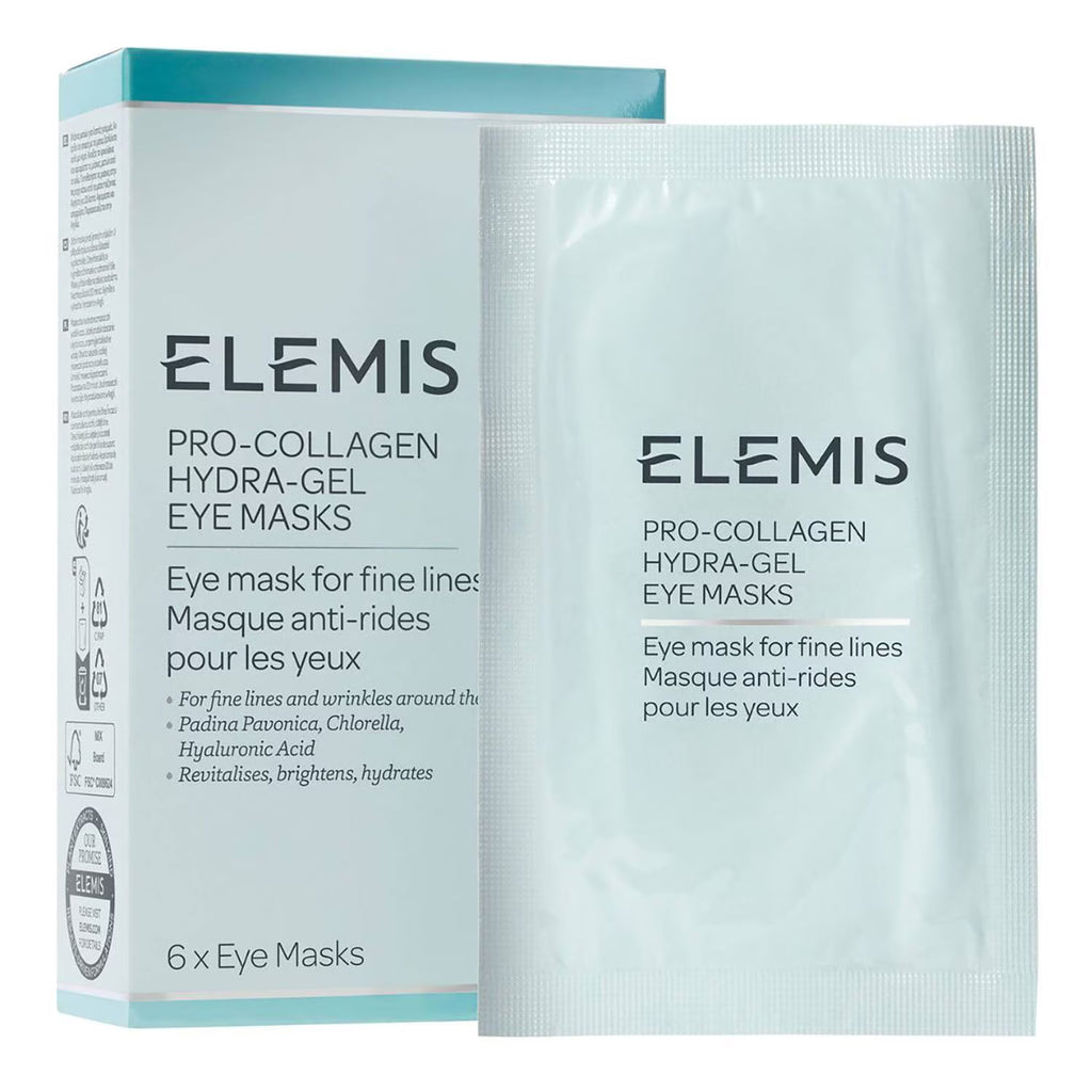 ELEMIS Pro-Collagen Hydra-Gel Eye Masks shown with the product box and a single individual eye mask packet on a clean white background.