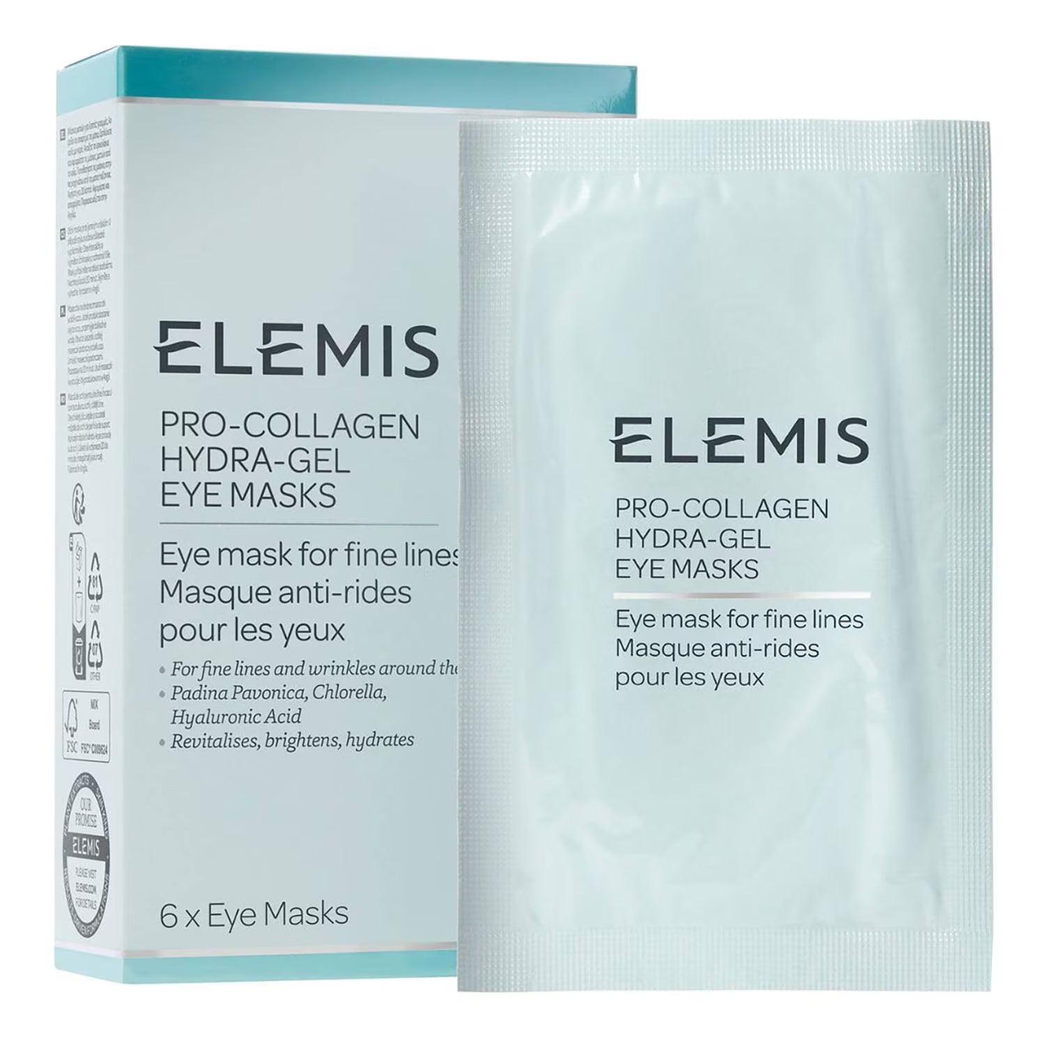 ELEMIS Pro-Collagen Hydra-Gel Eye Masks shown with the product box and a single individual eye mask packet on a clean white background.