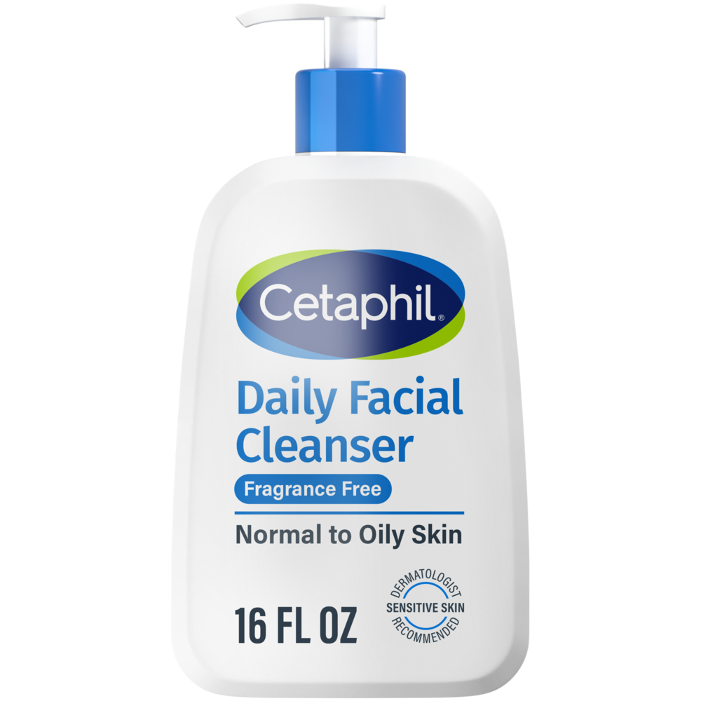 A 16 FL OZ bottle of Cetaphil Daily Facial Cleanser with a white body, blue pump, and blue and green logo, shown on a plain white background.