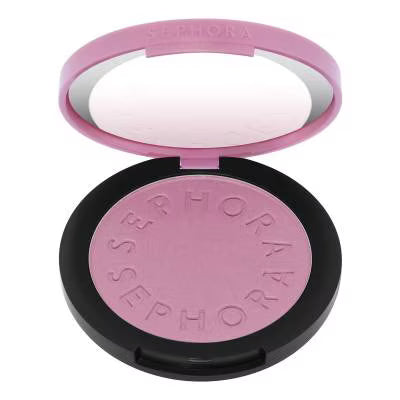 Open makeup compact with pink blush and visible Sephora branding on a white background