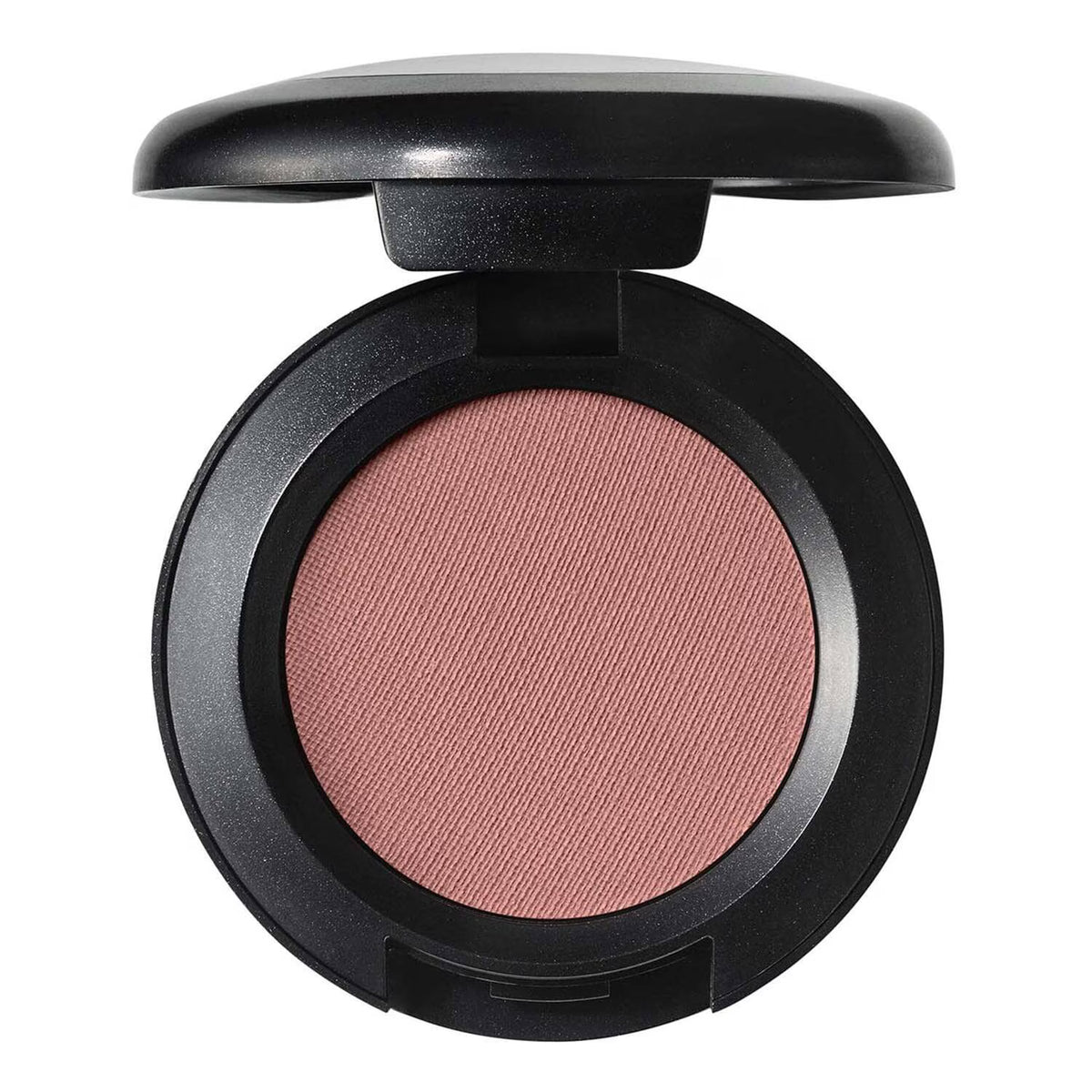 An open round makeup compact showing a pressed powder blush in a dusty rose pink shade, housed in a black casing against a plain white background.