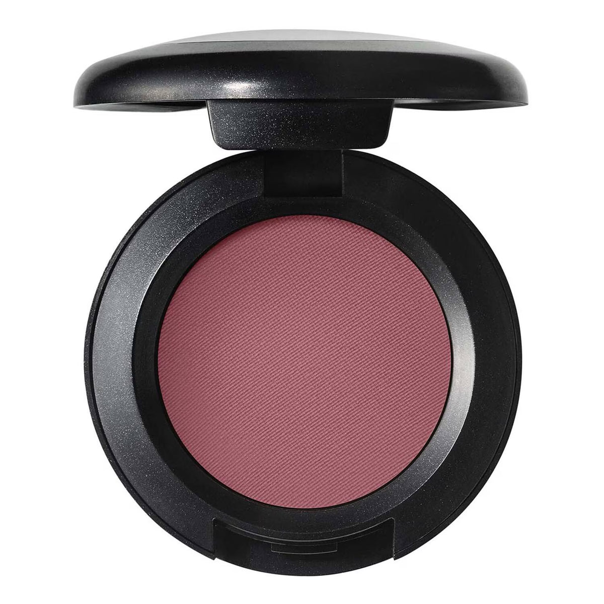 An open round makeup compact with a black casing and a textured dusty rose pink pressed powder, shown on a solid white background.