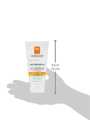 La Roche-Posay Anthelios 60 sunscreen tube held in a hand with measurement details.