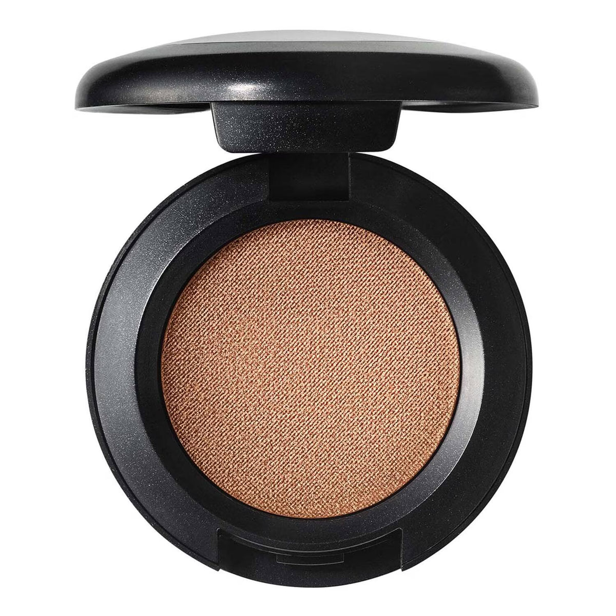 An open round makeup compact showing a textured, shimmering warm bronze-brown pressed powder, set against a solid white background.