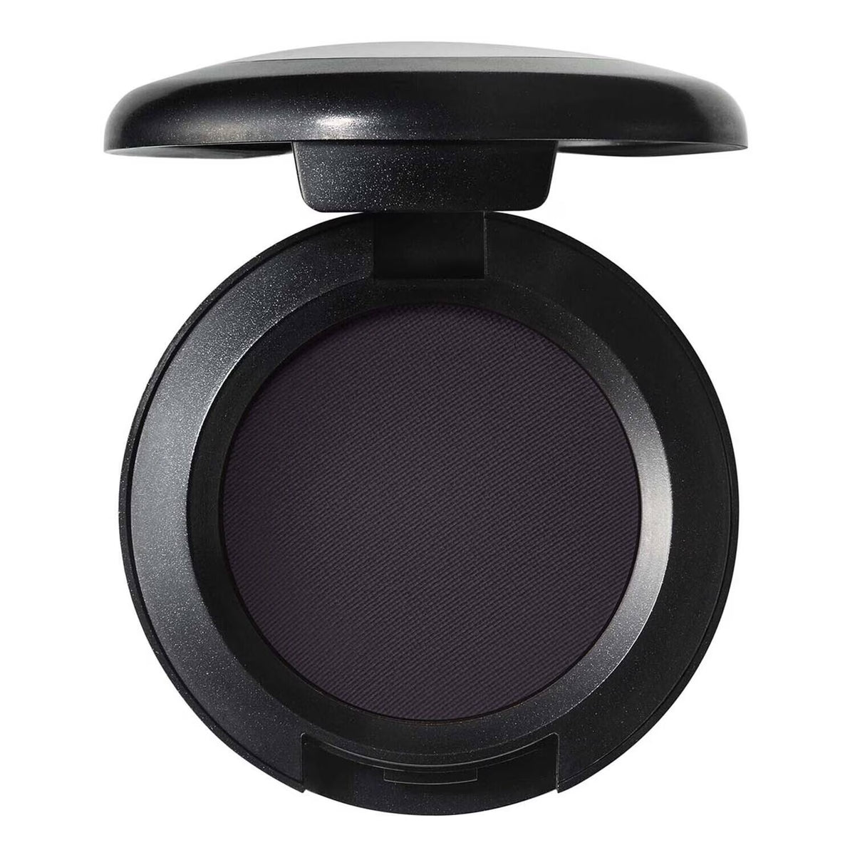 Black eye shadow compact with a dark purple shade on a white background