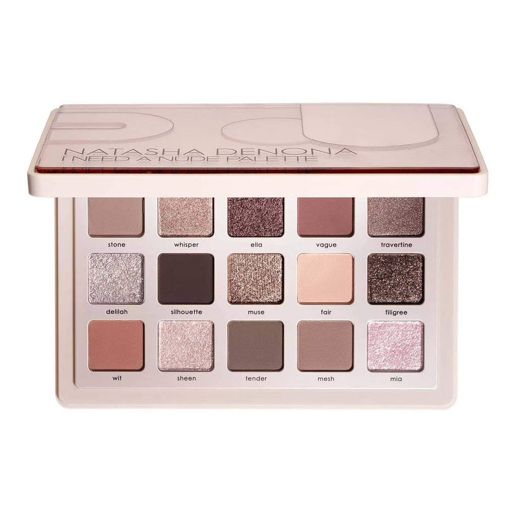 Natasha Denona Need a Nude Palette in a warm beige tone, showing 15 neutral eyeshadow pans in shades of taupe, brown, pink, and gold on a clean white background.